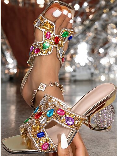 sandales mules en pierres précieuses dorées avec un design de talon unique - sandales élégantes pour femmes avec des ornements de pierres précieuses colorées, parfaites pour les événements de luxe et les occasions spéciales.