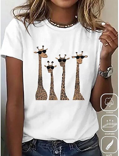  Femme T shirt Chemise en coton Animal Lettre Décontractées Manche Courte Col Rond Hauts réguliers du quotidien Imprimer Blanche Eté