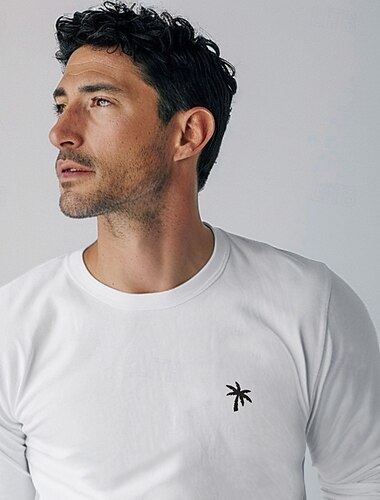  Homme T-shirt manche longue Col ras du cou Printemps Automne Hiver Palmier Élégant Chaud Vacances Broderie Entraînement Extérieur Maison Noir Blanche T-shirt haut de gamme pour homme
