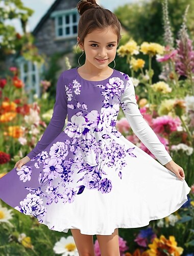  Ostern Mädchen' 3D Blumen Graphic Kleid Langarm Sommer Frühling Urlaub Täglich Festtage Prinzessin Schön Süß kinderkleidung 4-12 Jahre Casual kleid A Linie Kleid Knielang Regular Fit