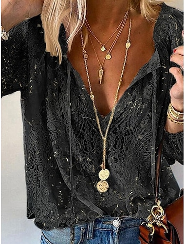  Damskie Koszula Koszula Boho Bluzka Jednokolorowe Elegancki Codzienny Długi rękaw W serek Zwykłe topy Codzienny Koronka Niejednolita całość Czarny Biały Rumiany róż Beżowy Lato Wiosna