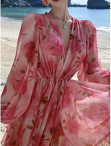  Femme Mini robe Robe casual Robe Trapèze mode Décontractées Vacances du quotidien Standard Floral manche longue Col V Rouge Printemps Automne