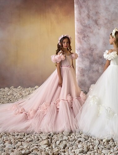  Bloemenmeisjesjurk Voor meisjes Eerste Communie Jurk Feestjurk Bruiloft Feest Prinses Zoet Kerstmis Carnaval Met ruches Effen Kleur Strapless Strakke ronde hals Wit Blozend Roze 4 jaar +