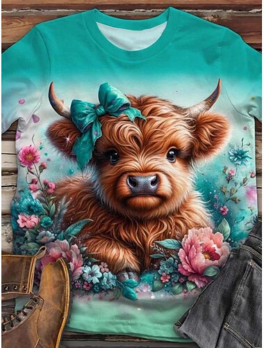  Per donna Maglietta Stampato Animale Mucca Casual Manica Corta Girocollo Top Regolari Quotidiano Verde Estate
