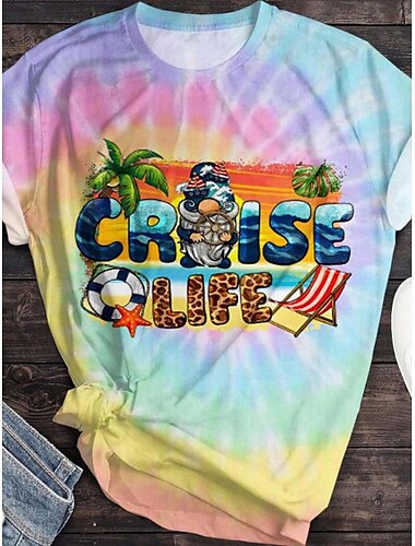  Damen T Shirt Batik Buchstabe Brautkleider schlicht Kurzarm Rundhalsausschnitt Normale Oberteile Täglich Bedruckt Hellgrün Rosa Purpur Regenbogen Sommer