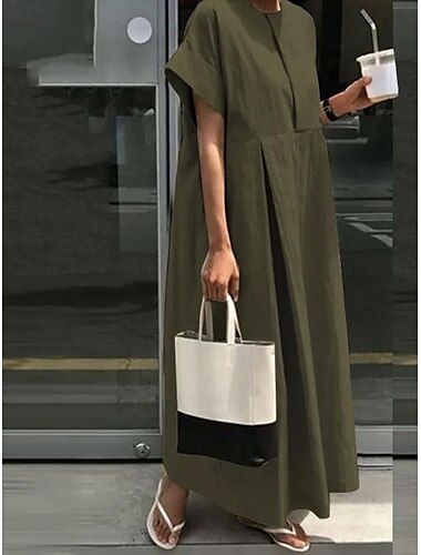  Damen Maxikleid Baumwoll-Leinen-Kleider Freizeitkleid Maxikleid aus Baumwolle Basic Lässig Urlaub Täglich Lässiger Schnitt Einfach Kurzarm Rundhalsausschnitt Khaki Armeegrün Dunkelblau Grau Sommer