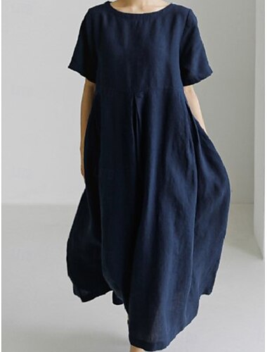  Femmes Robe maxi Robes en coton et lin Robe Décontractée Robe évasée Robe longue en coton Basique Occasionnel Vacances Quotidien Coupe régulière Uni Manche Courte Col ras du cou Blanche bleu marine