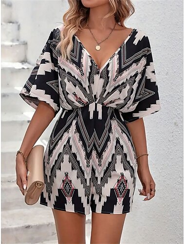  Damen Normal Kurz Jumpsuit Aktiv Geometrisch Kurzarm V Ausschnitt Hohe Taillenlinie Bedruckt Urlaub Täglich Regular Fit Schwarz Sommer