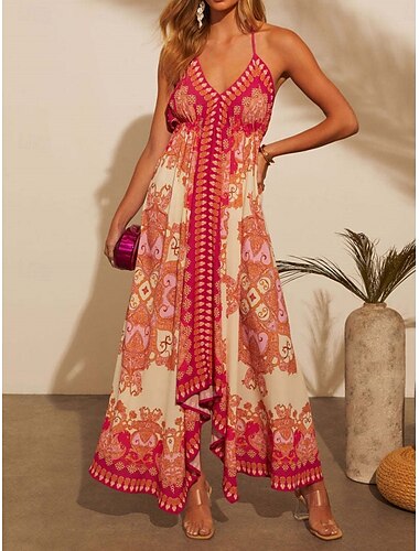  Damen Maxidress Casual kleid Schaukelkleid A Linie Kleid skims dress Stilvoll Brautkleider schlicht Urlaub Täglich Regular Fit Paisley-Muster Farbblock Ärmellos Gurt Rote Grün Sommer