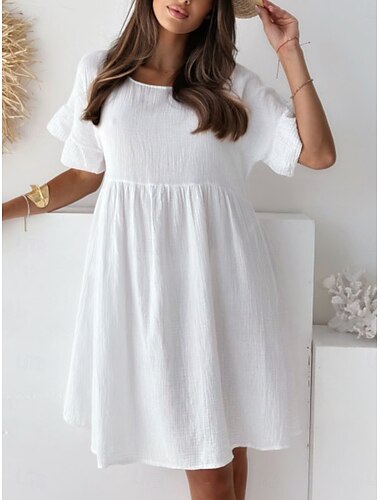  Mujer Mini vestido Vestidos inspirados en el lino Vestido blanco Vestido informal Vestido de Tanque Básico Casual Vacaciones Diario Ajuste regular Plano Media Manga Cuello Barco Negro Blanco Beige