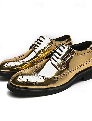  Brogue-Schuhe für Herren aus goldfarbenem Lacklederimitat – klassisches Schnürdesign mit Flügelkappe für formelle Anlässe, Partys und Hochzeiten