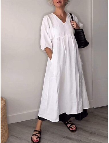  Mulheres Vestido midi Vestidos inspirados em linho Vestido casual Elegante à moda Casual Férias Diário Normal Tecido Manga 3/4 Decote V Preto Branco Azul Cinzento Primavera Outono