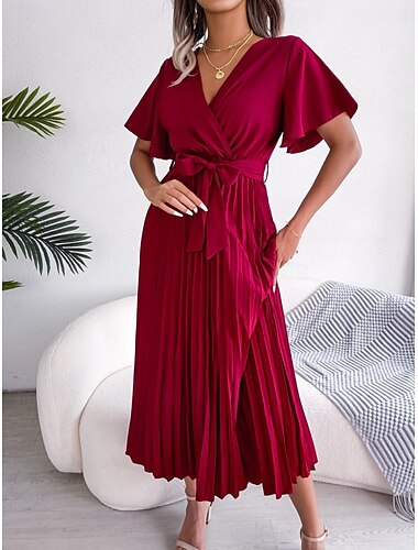  Damen Midikleid Casual kleid A Linie Kleid Stilvoll Basic Brautkleider schlicht Urlaub Täglich Regular Fit Glatt Kurzarm V Ausschnitt Rote Grün Sommer Frühling