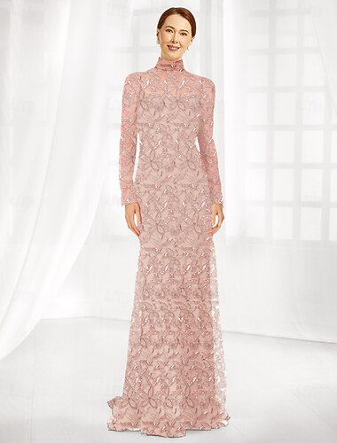  Vestido de tubo  columna para la madre de la novia elegante simple minimalista cuello marinero largo hasta el suelo de tul manga larga con aplicación de encaje floral