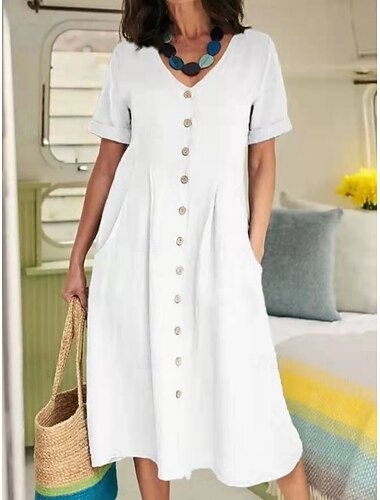  Per donna Abito Midi Abiti in cotone e lino Vestito Casual Essenziale Casual Vacanza Quotidiano Vestibilità regolare Semplice Manica Corta Scollo a V Bianco Azzurro cielo Verde Cachi Estate