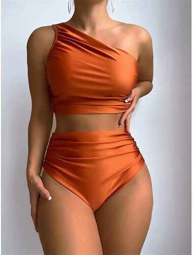  Femme Maillots de Bain Bikinis 2 pièces Slips Maillot de bain Dos Nu Mince Taille haute Vacances Tenues de plage Couleur unie Col asymétrique Sans Manches Maillots de bain