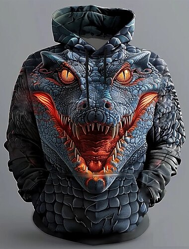  男性用 クロコダイル フーディーズ スウェットシャツ アウター フード付きスウェットシャツ クルーネック クール 3Dプリント クラブ ストリートウェア ブラック ドローストリング 秋 冬 デザイナー