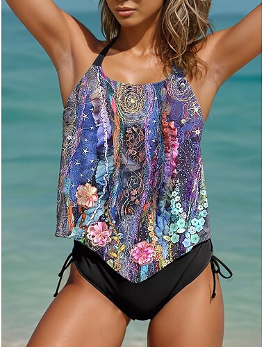 Maillots de bain pour femmes Tankini 2 pièces Maillot de bain sexy dos nu Vêtements de plage de vacances Floral Col en U Sans manches
