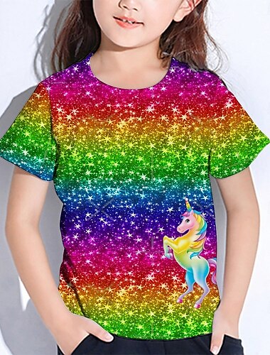 Flickor 3D Grafisk Enhörnings T-shirt Kortärmad Sommar Vår Mode Grundläggande Barn 4-12 år Rund hals Utomhus Ledigt Dagligen Normal