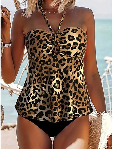  Dames Zwemkleding Bikini 2 stuks Brutaal Zwempak Blote rug Slank Vakantie Strand Kleding Luipaard Halternek Mouwloos Badpakken