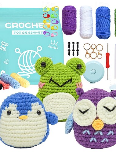 Kit de crochet de Noël pour débutants 3 modèles d'animaux-hibou pingouin grenouille kit de tricot pour enfants adultes avec tutoriels vidéo étape par étape et accessoires de crochet de fils