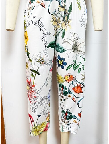  Damen Chinesisch Chino Urlaub Vintage Wadenlänge Hoher Taillenbund Blumen Tasche Elastischer Bund Bequem Weich Komfortabel Mikro-elastisch Outdoor Urlaub Weiß Sommer Lockere Passform