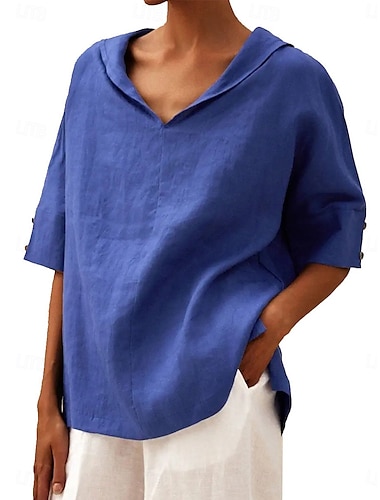  Damen Hemd Bluse Baumwoll-Leinen-Hemden Einfarbig Basic Lässig Dreiviertelarm Mit Kapuze Normale Oberteile Täglich Knöpfe Weiß Blau Sommer