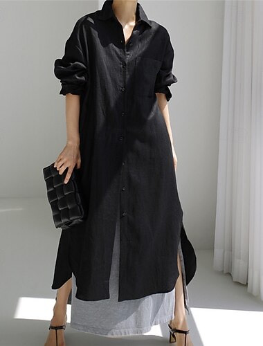  Dames Lange jurk maxi-jurk Linnen-geïnspireerde jurken Shirtjurk Casual jurk Katoenen linnen jurk Stijlvol Casual Vakantie Dagelijks Afspraakje Normale pasvorm Effen Lange mouw Revers Zwart