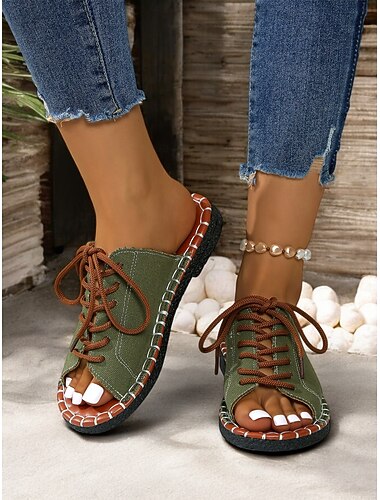  sandali da donna in tela con lacci e punta aperta, verdi, con suola cucita a mano – casual e comodi per l'estate, i viaggi e le attività all'aperto