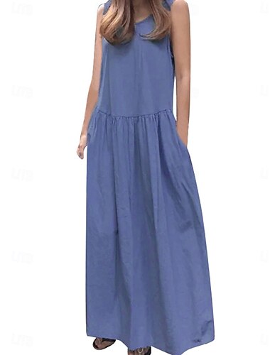  Damen Maxikleid Leinen-inspirierte Kleider Freizeitkleid Baumwoll-Leinenkleid Elegant Vintage Stilvoll Urlaub Täglich Date Lässiger Schnitt Einfach Ärmellos Rundhalsausschnitt Marineblau Blau Sommer