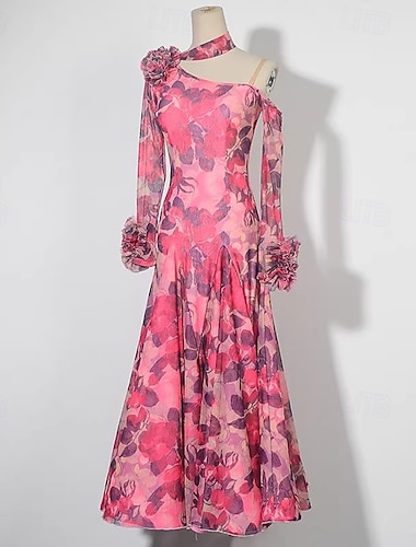  Baile de Salón Vestido Estampado Color Puro Corte Mujer Rendimiento Fiesta Manga Larga Gasa Malla Seda Sintética