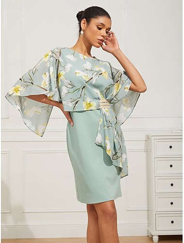  Damen Kleid für Hochzeitsgäste Chiffon-Kleid Elegant Ausgefallene kleid hochzeitsgast Formschluss Blumen Halbe Ärmel Rundhalsausschnitt Hellgrün Sommer Frühling Herbst