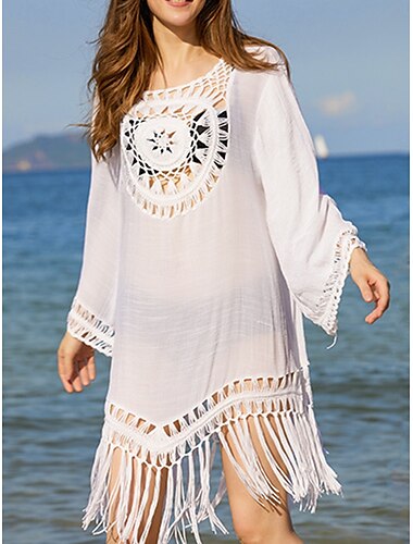  Damen Badeanzug Zudecken Schwimm-Kleid Bademode Fransensaum Ausgeschnitten Urlaub Strandbekleidung Glatt Langarm Badeanzüge
