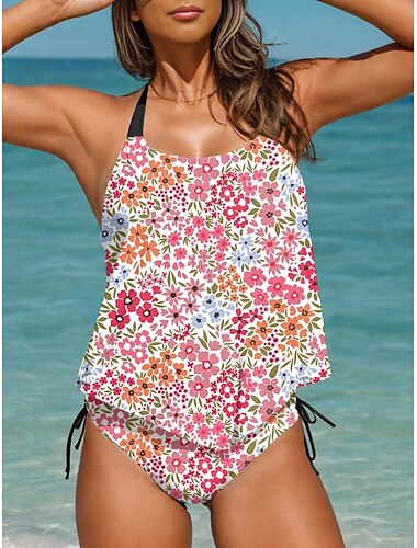  Maillots de bain femmes Tankini 2 pièces Maillot de bain sexy Détachable Vacances Plage Vêtements Imprimé floral Col halter Sans manches