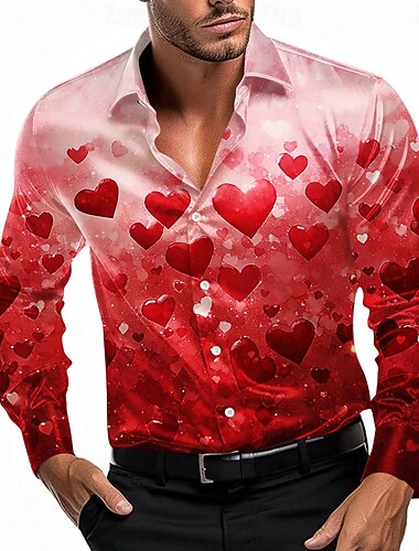  Per uomo Con cuori Amore Colore sfumato Camicia in raso Camicia con bottoni Manica lunga Moda Casual Feste Regalo Per eventi Primavera Autunno Collo ripiegabile Stampa 3D Rosso Blu Viola