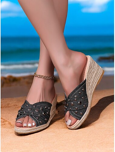  Women's Wedge Sandals with Studded Denim Design and Open-Toe – Comfortable Casual Footwear for Summer, Beach and Vacation