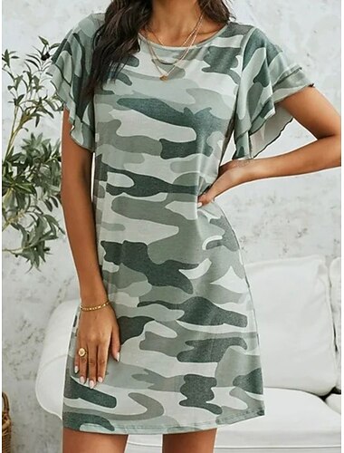  Women's Mini Dress Casual Dress Stylish Casual Vacation Daily Loose Fit Graphic Short Sleeve Crew Neck Army Green Summer Spring