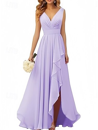  A-Linie Brautjungfernkleid V Ausschnitt Ärmellos Elegant Bodenlang Chiffon mit Rüschen / Geteilter Vorderteil / Raffung 2022