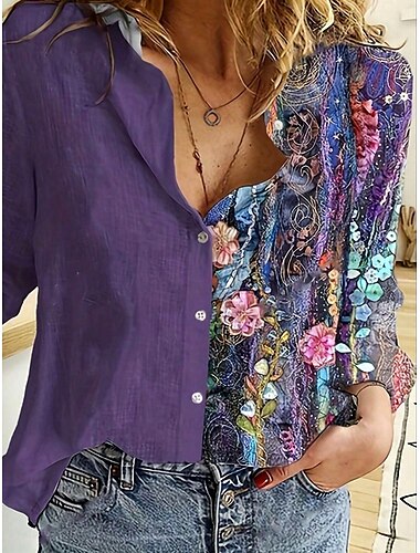  Dames Shirt Bloem Grafisch Dagelijkse Stijlvolle Lange Mouw Kraag Lange Tops Dagelijkse Knopen Print Violet Zomer Lente