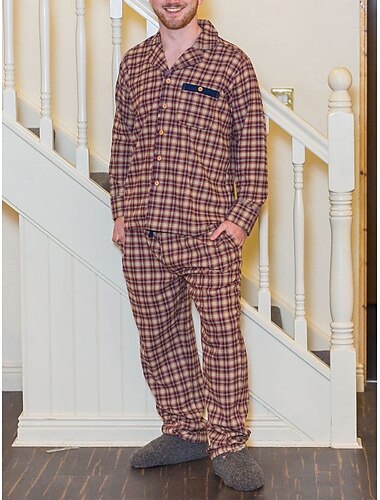  Hombre Ropa de salón Pijama Conjunto pijama Top y pantalón de pijama 2 Piezas Plaid Raya Elegante Casual Confort Hogar Diario Algodón Comodidad Diseño Manga Larga Camisa Pantalón Correa Cintura