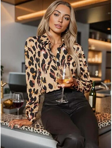  Chemise Femme Mode Imprimé Boutons Manches Longues Hauts Réguliers Col Chemise Décontracté Kaki Printemps  Automne