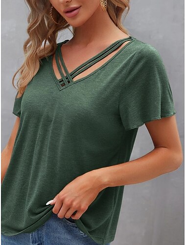  Dames T-shirt Effen Basic Casual Korte mouw V-hals Normale tops Dagelijks Weekend blauw Groen Zomer
