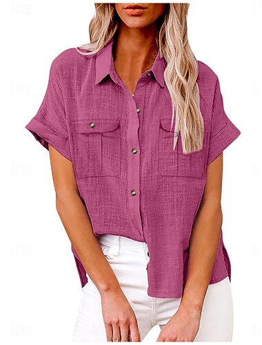  Per donna Camicia Camicie di cotone e lino Abbottonare Blusa Tinta unica Elegante Casual Manica Corta Colletto a Camicia Top Regolari Quotidiano Bottoni Tasca Argento Vino Verde militare Rosa Estate