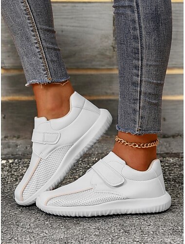  dames witte ademende mesh sneakers met klittenbandsluiting – lichtgewicht sportschoenen voor wandelen en fitness