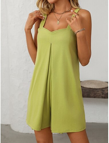  Damen Normal Kurz Jumpsuit Aktiv Feste Farbe Ärmellos V Ausschnitt Tasche Urlaub Täglich Regular Fit Schwarz Grün Sommer