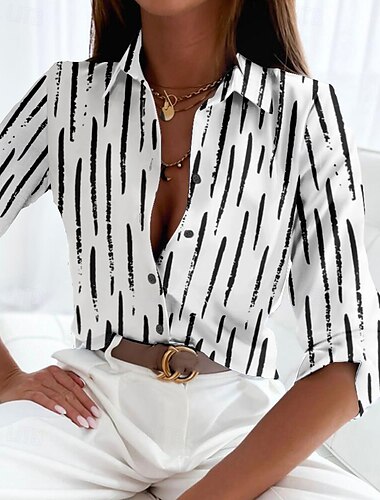  Dames Shirt Basis Gestreepte Knopen Print Lange Mouw Reguliere Tops Shirtkraag Casual Zwart Wit Lente Herfst