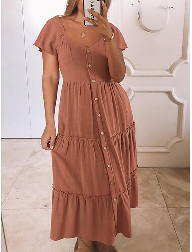  Dames Halflange jurk Casual jurk Stijlvol Basic Casual Vakantie Dagelijks Normale pasvorm Effen Korte mouw V-hals Zwart Rood Zomer Lente