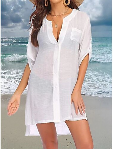  Mujer Bañadores Tapadera Vestido de Baño Traje de baño Botones Bolsillo Vacaciones Ropa de playa Color sólido Escote en Pico Manga Larga Trajes de baño