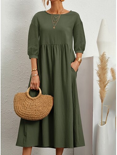  Per donna Abito maxi Misto cotone Abito a Tubino Vestito Casual Essenziale Casual Quotidiano Vacanza Vestibilità regolare Semplice Manica 3/4 Girocollo Blu Rosa Marrone Verde Estate