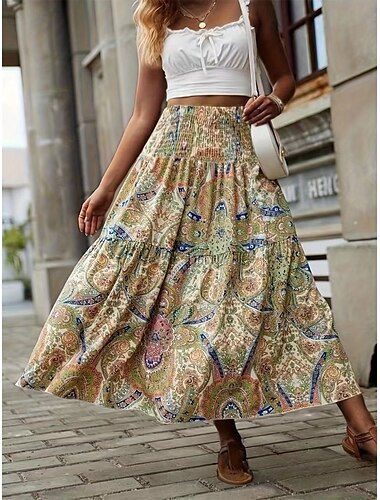  Damen Rock A-Linie Modisch Brautkleider schlicht Midi Mittlere Taillenlinie Röcke Geometrisch Bedruckt Mikro-elastisch Strasse Täglich Wein Gelb Sommer Polyester